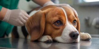 Hyperrealistic close-up photograph: A veterinarian's gentle hands carefully examine a calm Beagle dog on a stainless steel examination table. Soft, warm clinical lighting illuminates detailed fur texture and concerned eyes. Blurred modern vet clinic background. Utmost photorealism, anatomically perfect, depth of field. Absolutely no text or letters visible anywhere. Flawless rendering, no artifacts.