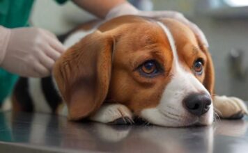 Kosten Hund Versicherung Vergleich: Finden Sie die beste & günstigste Versicherung für Ihren Hund! Hyperrealistic close-up photograph: A veterinarian's gentle hands carefully examine a calm Beagle dog on a stainless steel examination table. Soft, warm clinical lighting illuminates detailed fur texture and concerned eyes. Blurred modern vet clinic background. Utmost photorealism, anatomically perfect, depth of field. Absolutely no text or letters visible anywhere. Flawless rendering, no artifacts.