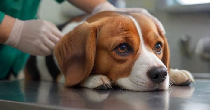 Hyperrealistic close-up photograph: A veterinarian's gentle hands carefully examine a calm Beagle dog on a stainless steel examination table. Soft, warm clinical lighting illuminates detailed fur texture and concerned eyes. Blurred modern vet clinic background. Utmost photorealism, anatomically perfect, depth of field. Absolutely no text or letters visible anywhere. Flawless rendering, no artifacts.