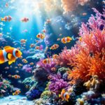 Close-up, hyperrealistic photo of a vibrant home saltwater aquarium reef. Vivid clownfish, intricate coral textures, natural swimming motion. Underwater perspective, dramatic sun rays filtering through water. Photorealistic, hyperdetailed. Absolutely no text or words in the image.