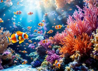 Close-up, hyperrealistic photo of a vibrant home saltwater aquarium reef. Vivid clownfish, intricate coral textures, natural swimming motion. Underwater perspective, dramatic sun rays filtering through water. Photorealistic, hyperdetailed. Absolutely no text or words in the image.