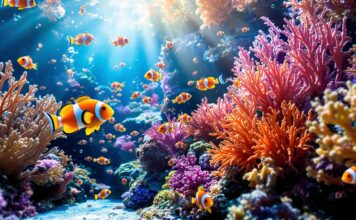 Meerwasseraquarium: Ein Stück Ozean für Ihr Zuhause! Close-up, hyperrealistic photo of a vibrant home saltwater aquarium reef. Vivid clownfish, intricate coral textures, natural swimming motion. Underwater perspective, dramatic sun rays filtering through water. Photorealistic, hyperdetailed. Absolutely no text or words in the image.