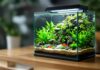 Hyperrealistic photograph: thriving nano aquarium on wooden desk. Crystal clear water, lush green aquatic plants, vibrant red cherry shrimp grazing. Detailed rock, wood decor. Soft ambient light highlighting textures, movement. Shallow depth of field. Absolutely no text.