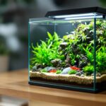 Nanoaquarium: Ein faszinierendes Unterwasserparadies im Kleinformat! Hyperrealistic photograph: thriving nano aquarium on wooden desk. Crystal clear water, lush green aquatic plants, vibrant red cherry shrimp grazing. Detailed rock, wood decor. Soft ambient light highlighting textures, movement. Shallow depth of field. Absolutely no text.
