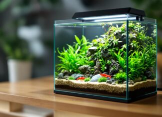 Hyperrealistic photograph: thriving nano aquarium on wooden desk. Crystal clear water, lush green aquatic plants, vibrant red cherry shrimp grazing. Detailed rock, wood decor. Soft ambient light highlighting textures, movement. Shallow depth of field. Absolutely no text.