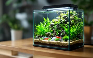 Hyperrealistic photograph: thriving nano aquarium on wooden desk. Crystal clear water, lush green aquatic plants, vibrant red cherry shrimp grazing. Detailed rock, wood decor. Soft ambient light highlighting textures, movement. Shallow depth of field. Absolutely no text.