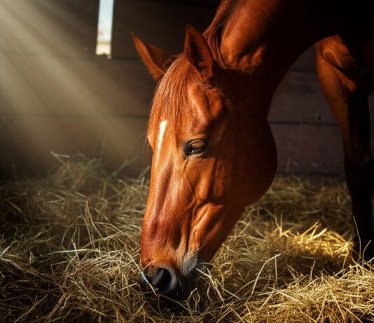 Photorealistic, hyperdetailed image, artefakt-free: A powerful, glossy chestnut horse in a dimly lit stable, head buried deep in fragrant golden hay. Dramatic shafts of sunlight illuminate dust motes and the horse's wet muzzle as it inhales. Focus on textures: hay, fur, wood. Natural anatomy, no text, professional quality.