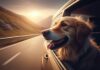 Reisen mit Hund in Europa: Entdecken Sie gemeinsam die schönsten Orte! Hyperrealistic photograph, medium shot of a happy Golden Retriever looking out the open window of a moving car. Late afternoon golden hour light illuminates its fur. Scenic European alpine road blurred in the background due to motion. Focus on realistic textures, reflections, wind blowing fur. Cinematic lighting. No text.