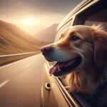Reisen mit Hund in Europa: Entdecken Sie gemeinsam die schönsten Orte! Hyperrealistic photograph, medium shot of a happy Golden Retriever looking out the open window of a moving car. Late afternoon golden hour light illuminates its fur. Scenic European alpine road blurred in the background due to motion. Focus on realistic textures, reflections, wind blowing fur. Cinematic lighting. No text.