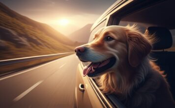 Reisen mit Hund in Europa: Entdecken Sie gemeinsam die schönsten Orte! Hyperrealistic photograph, medium shot of a happy Golden Retriever looking out the open window of a moving car. Late afternoon golden hour light illuminates its fur. Scenic European alpine road blurred in the background due to motion. Focus on realistic textures, reflections, wind blowing fur. Cinematic lighting. No text.