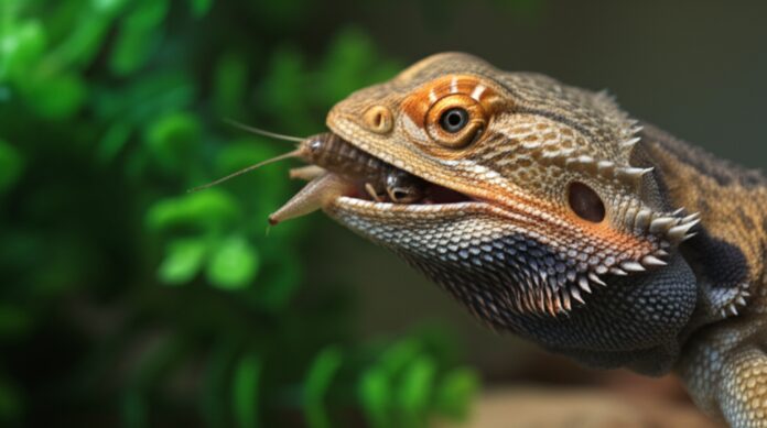 Extreme macro shot of a bearded dragon catching a cricket. Focus on the moment of capture, tongue extended, droplets of saliva, sharp details on scales and insect. Warm sunlight, shallow depth of field, blurred green terrarium plants. Hyperrealistic, photorealistic, no text.