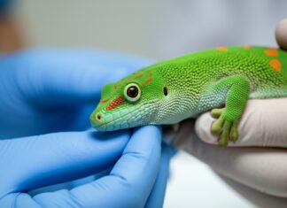 Reptilien Krankheiten: Symptome erkennen & richtig behandeln! Hyperrealistic close-up of a vibrant green gecko with intricate scales being gently examined by a veterinarian's gloved hands in a brightly lit, sterile clinic. Focus on the gecko's detailed skin texture and the vet's careful touch. Soft, natural light, shallow depth of field. No text.