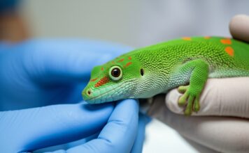 Hyperrealistic close-up of a vibrant green gecko with intricate scales being gently examined by a veterinarian's gloved hands in a brightly lit, sterile clinic. Focus on the gecko's detailed skin texture and the vet's careful touch. Soft, natural light, shallow depth of field. No text.
