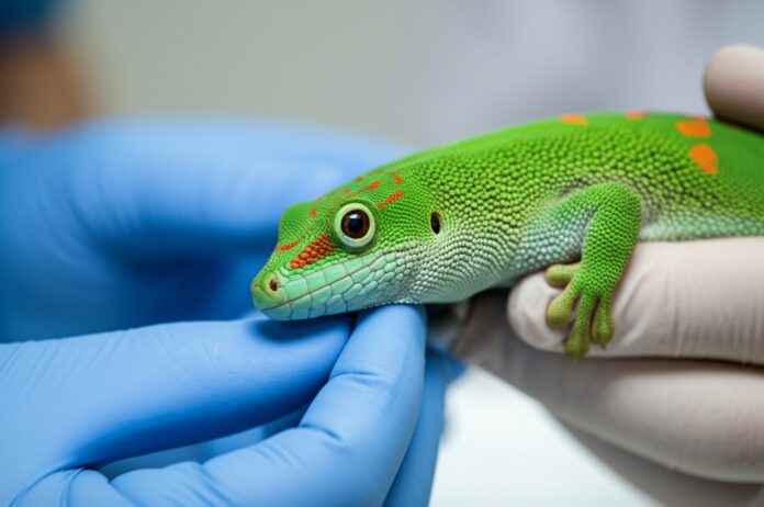 Hyperrealistic close-up of a vibrant green gecko with intricate scales being gently examined by a veterinarian's gloved hands in a brightly lit, sterile clinic. Focus on the gecko's detailed skin texture and the vet's careful touch. Soft, natural light, shallow depth of field. No text.