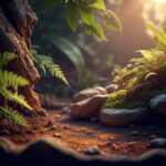 Terrarium einrichten: So gestalten Sie ein artgerechtes Zuhause für Ihre Reptilien! Hyperrealistic photorealistic close-up of a terrarium corner. Warm sunlight filters through jungle foliage, dappling cork bark, ferns, and stone. Detailed, moist soil. Shallow depth of field, focus on textures, light, and natural elements. Artefaktfrei, no text.