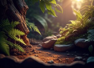 Terrarium einrichten: So gestalten Sie ein artgerechtes Zuhause für Ihre Reptilien! Hyperrealistic photorealistic close-up of a terrarium corner. Warm sunlight filters through jungle foliage, dappling cork bark, ferns, and stone. Detailed, moist soil. Shallow depth of field, focus on textures, light, and natural elements. Artefaktfrei, no text.