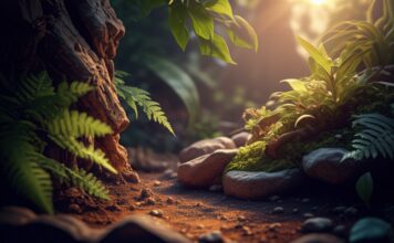 Hyperrealistic photorealistic close-up of a terrarium corner. Warm sunlight filters through jungle foliage, dappling cork bark, ferns, and stone. Detailed, moist soil. Shallow depth of field, focus on textures, light, and natural elements. Artefaktfrei, no text.