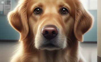 Hyperrealistic close-up portrait of a golden retriever dog with wide, anxious eyes in a brightly lit, sterile veterinary waiting room. Extremely detailed fur texture, slightly panting, droopy ears, visible stress. Soft, volumetric lighting, shallow depth of field, sharp focus on the dog's eyes. Photorealistic, 8k, no text, letters, or words. Anatomically correct dog, natural, perfect details.