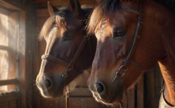 Tiere in der Geschichte: Eine Reise durch die Zeit mit unseren tierischen Begleitern! Hyperrealistic photograph capturing a poignant historical moment. Close-up on a weathered human hand gently stroking the muzzle of a majestic draft horse inside a rustic medieval stable. Sunlight streams through wooden slats, illuminating dust motes. Ultra-detailed textures on skin, horsehair, worn leather bridle. Cinematic lighting, shallow depth of field. No text, no letters, no writing.