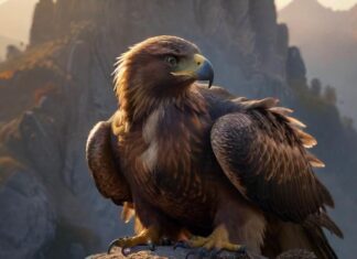 Tiere in der Kunst: Eine Hommage an die Schönheit und Vielfalt der Tierwelt! Hyperrealistic photograph: majestic golden eagle, intense gaze, intricate feather detail, perched flawlessly on weathered stone pedestal amidst misty mountains at sunrise. Dramatic golden hour volumetric lighting, long shadows. Sharp focus, shallow depth of field, cinematic composition, 8k. Ensure anatomically correct, flawless rendering. Absolutely no text or letters anywhere.