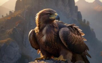 Hyperrealistic photograph: majestic golden eagle, intense gaze, intricate feather detail, perched flawlessly on weathered stone pedestal amidst misty mountains at sunrise. Dramatic golden hour volumetric lighting, long shadows. Sharp focus, shallow depth of field, cinematic composition, 8k. Ensure anatomically correct, flawless rendering. Absolutely no text or letters anywhere.
