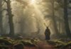 Hyperrealistic photograph: Ancient, mist-shrouded forest clearing. A lone, cloaked figure, back partially turned, gazes respectfully at a magnificent, photorealistic stag with intricate antlers. Dramatic golden sunbeams pierce the canopy, illuminating swirling mist, mossy stones, damp earth. Cinematic lighting, sharp focus, detailed textures. Absolutely no text, letters, writing. Flawless, artifact-free.