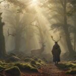 Tiere in der Mythologie: Von Göttern, Fabelwesen und magischen Kräften! Hyperrealistic photograph: Ancient, mist-shrouded forest clearing. A lone, cloaked figure, back partially turned, gazes respectfully at a magnificent, photorealistic stag with intricate antlers. Dramatic golden sunbeams pierce the canopy, illuminating swirling mist, mossy stones, damp earth. Cinematic lighting, sharp focus, detailed textures. Absolutely no text, letters, writing. Flawless, artifact-free.