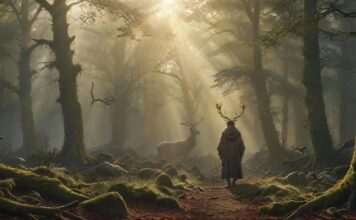 Tiere in der Mythologie: Von Göttern, Fabelwesen und magischen Kräften! Hyperrealistic photograph: Ancient, mist-shrouded forest clearing. A lone, cloaked figure, back partially turned, gazes respectfully at a magnificent, photorealistic stag with intricate antlers. Dramatic golden sunbeams pierce the canopy, illuminating swirling mist, mossy stones, damp earth. Cinematic lighting, sharp focus, detailed textures. Absolutely no text, letters, writing. Flawless, artifact-free.