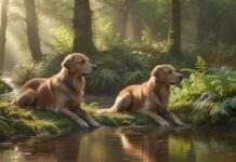 Hyperrealistic photograph capturing a serene moment: A golden retriever sits attentively on mossy ground beside a sparkling, clear forest stream. Shafts of golden morning sunlight pierce the dense green canopy. In the soft-focused background, a young deer cautiously drinks from the stream. Dew drops glisten on ferns. Absolutely no text, letters, or words.