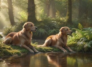 Hyperrealistic photograph capturing a serene moment: A golden retriever sits attentively on mossy ground beside a sparkling, clear forest stream. Shafts of golden morning sunlight pierce the dense green canopy. In the soft-focused background, a young deer cautiously drinks from the stream. Dew drops glisten on ferns. Absolutely no text, letters, or words.