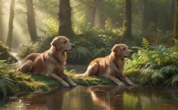 Tiere und Umweltschutz: Gemeinsam für eine lebenswerte Zukunft! Hyperrealistic photograph capturing a serene moment: A golden retriever sits attentively on mossy ground beside a sparkling, clear forest stream. Shafts of golden morning sunlight pierce the dense green canopy. In the soft-focused background, a young deer cautiously drinks from the stream. Dew drops glisten on ferns. Absolutely no text, letters, or words.