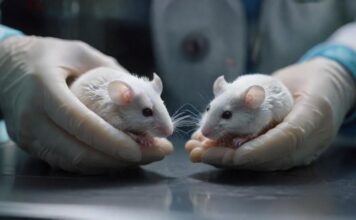 Tiere und Wissenschaft: Erkenntnisse, Fortschritte und ethische Fragen! Hyperrealistic, photorealistic close-up: Gloved scientist hands carefully cradle a small, healthy white lab mouse over a sterile lab bench. Nearby, a microscope and petri dish, softly blurred. Soft, dramatic clinical lighting highlights intricate fur and glove textures. Shallow depth of field. Anatomically correct. Ensure absolutely no text or letters. 8k.