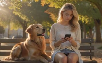 Hyperrealistic medium shot of a young woman sitting on a park bench, golden afternoon sunlight filtering through trees. She holds a modern smartphone, screen subtly reflecting the sky. Her attentive golden retriever rests its head on her knee. Extremely detailed textures, natural expressions, shallow depth of field. Anatomically correct dog. Absolutely no text, letters, or writing visible anywhere. Photorealistic.