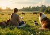 Hyperrealistic wide shot: Person sits on grass, surrounded by friendly dog and cat, distant horses grazing. Soft golden light, lush textures. Hand holds simple glowing device. Photorealistic detail, stunning composition, absolutely NO TEXT or letters on screen or image.
