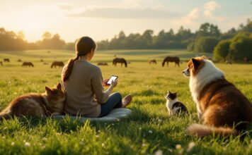 Tierische Blogs: Inspiration, Tipps und Austausch für Tierfreunde! Hyperrealistic wide shot: Person sits on grass, surrounded by friendly dog and cat, distant horses grazing. Soft golden light, lush textures. Hand holds simple glowing device. Photorealistic detail, stunning composition, absolutely NO TEXT or letters on screen or image.
