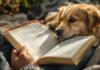 Tierische Bücher: Schmökern, lernen und staunen! Hyperrealistic photo, person reading detailed book about animals, gentle hand petting a relaxed dog. Cozy room, warm natural light, ultra-detailed textures of fur, paper, fabric. Cinematic shallow depth of field. No text.
