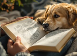 Tierische Bücher: Schmökern, lernen und staunen! Hyperrealistic photo, person reading detailed book about animals, gentle hand petting a relaxed dog. Cozy room, warm natural light, ultra-detailed textures of fur, paper, fabric. Cinematic shallow depth of field. No text.