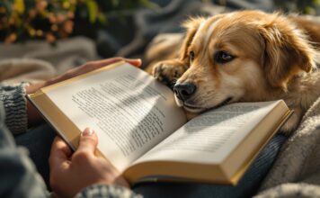 Hyperrealistic photo, person reading detailed book about animals, gentle hand petting a relaxed dog. Cozy room, warm natural light, ultra-detailed textures of fur, paper, fabric. Cinematic shallow depth of field. No text.