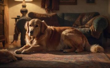 Tierische Filme: Emotionen, Abenteuer und faszinierende Einblicke! Hyperrealistic photograph capturing a cozy living room at dusk. A golden retriever rests peacefully on a detailed rug, bathed in warm, cinematic light spilling from an unseen screen. A cat naps on a nearby armchair. Dramatic shadows, intricate textures on fur and fabrics. Absolutely no text, letters, or writing. Flawless rendering, anatomically correct animals.