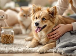 Hyperrealistic photo, a human gently interacting with a happy pet (dog or cat) on a warm rug. Surroundings include a stylish treat jar, soft pet blanket, realistic plush toy. Focus on intricate fur and fabric textures. Soft, natural light. Shallow depth of field. Photorealistic quality. ABSOLUTELY NO TEXT OR LETTERS IN THE IMAGE.