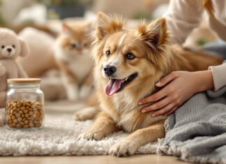 Hyperrealistic photo, a human gently interacting with a happy pet (dog or cat) on a warm rug. Surroundings include a stylish treat jar, soft pet blanket, realistic plush toy. Focus on intricate fur and fabric textures. Soft, natural light. Shallow depth of field. Photorealistic quality. ABSOLUTELY NO TEXT OR LETTERS IN THE IMAGE.