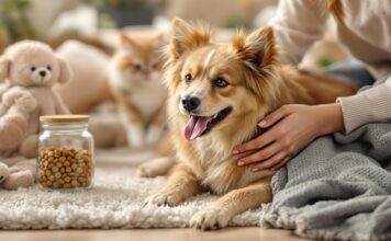 Tierische Geschenke: So machen Sie Tierfreunden eine Freude! Hyperrealistic photo, a human gently interacting with a happy pet (dog or cat) on a warm rug. Surroundings include a stylish treat jar, soft pet blanket, realistic plush toy. Focus on intricate fur and fabric textures. Soft, natural light. Shallow depth of field. Photorealistic quality. ABSOLUTELY NO TEXT OR LETTERS IN THE IMAGE.