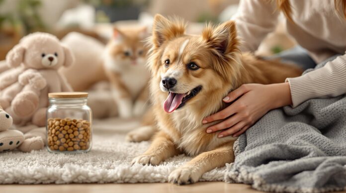 Hyperrealistic photo, a human gently interacting with a happy pet (dog or cat) on a warm rug. Surroundings include a stylish treat jar, soft pet blanket, realistic plush toy. Focus on intricate fur and fabric textures. Soft, natural light. Shallow depth of field. Photorealistic quality. ABSOLUTELY NO TEXT OR LETTERS IN THE IMAGE.