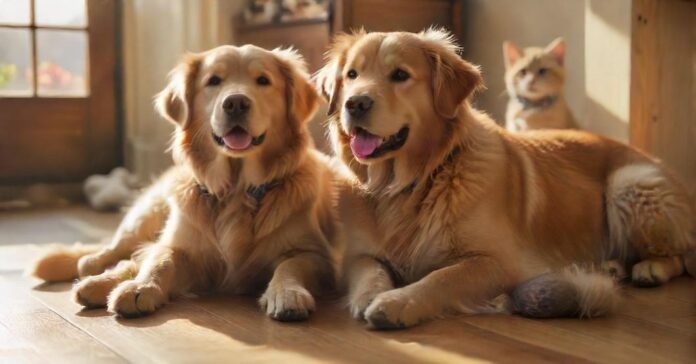 Hyperrealistic photograph: A joyful golden retriever and a fluffy tabby cat sit side-by-side on a sunlit wooden floor, surrounded by generic pet prizes - plush toys, shiny bowls, a brush, a cozy bed. Warm sunlight highlights realistic fur textures. Shallow depth of field. No text, letters, or writing. Utterly photorealistic, artifact-free.