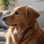 Tierische Influencer Marketing: So erreichen Sie Ihre Zielgruppe mit tierischer Unterstützung! Hyperrealistic photograph: majestic Golden Retriever sits calmly on a modern grey fabric sofa, sunlit minimalist apartment living room. Soft natural window light highlights its perfectly rendered fur. Sleek smartphone rests face down nearby, slightly blurred. Shallow depth of field, cinematic lighting, extremely detailed textures, anatomically correct, flawless details, no artifacts. Absolutely no text, no letters, no writing.