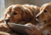 Hyperrealistic photograph capturing a warm, intimate moment. Close-up view focusing on a person's hands gently holding a sleek, modern tablet. Beside them, partially in frame, a beautiful Golden Retriever dog rests its head contentedly on the person's lap, fur texture incredibly detailed. Soft, natural sunlight streams from a window, creating gentle highlights and shadows on the hands, tablet, and dog's fur. The tablet screen emits a soft, blurred glow, completely free of any text, letters, or discernible icons. Cozy, blurred living room background. Shallow depth of field. Flawless anatomy, no visual artifacts. Absolutely no text or writing visible anywhere.