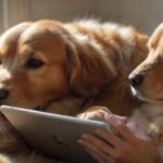 Hyperrealistic photograph capturing a warm, intimate moment. Close-up view focusing on a person's hands gently holding a sleek, modern tablet. Beside them, partially in frame, a beautiful Golden Retriever dog rests its head contentedly on the person's lap, fur texture incredibly detailed. Soft, natural sunlight streams from a window, creating gentle highlights and shadows on the hands, tablet, and dog's fur. The tablet screen emits a soft, blurred glow, completely free of any text, letters, or discernible icons. Cozy, blurred living room background. Shallow depth of field. Flawless anatomy, no visual artifacts. Absolutely no text or writing visible anywhere.
