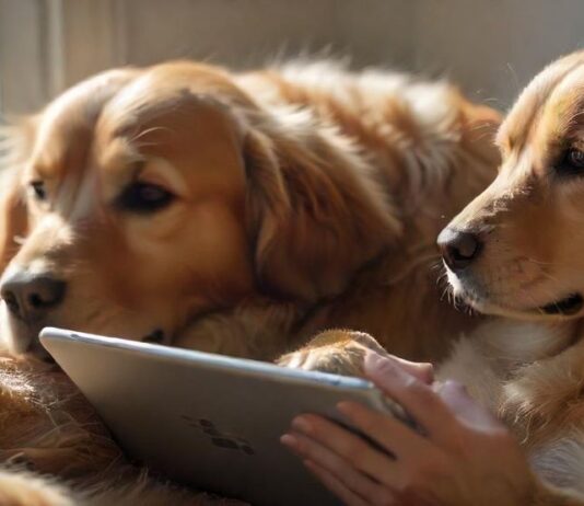 Hyperrealistic photograph capturing a warm, intimate moment. Close-up view focusing on a person's hands gently holding a sleek, modern tablet. Beside them, partially in frame, a beautiful Golden Retriever dog rests its head contentedly on the person's lap, fur texture incredibly detailed. Soft, natural sunlight streams from a window, creating gentle highlights and shadows on the hands, tablet, and dog's fur. The tablet screen emits a soft, blurred glow, completely free of any text, letters, or discernible icons. Cozy, blurred living room background. Shallow depth of field. Flawless anatomy, no visual artifacts. Absolutely no text or writing visible anywhere.