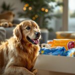 Hyperrealistic, high-detail photo: A golden retriever dog happily watching its owner unbox a large package filled with pet food bags and toys on a cozy living room floor. Warm, natural light highlights textures. Focus on fur detail. No text.