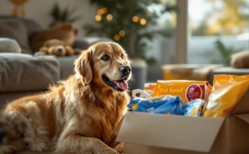 Hyperrealistic, high-detail photo: A golden retriever dog happily watching its owner unbox a large package filled with pet food bags and toys on a cozy living room floor. Warm, natural light highlights textures. Focus on fur detail. No text.